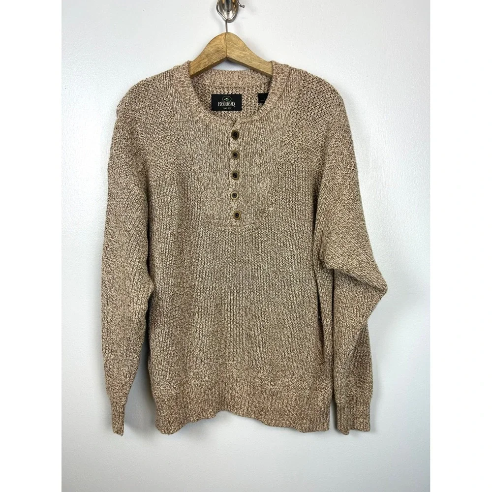 Vintage REDHEAD Sweater Large Tan ‎ Knit Henley Brass Button Pullover Fisherman